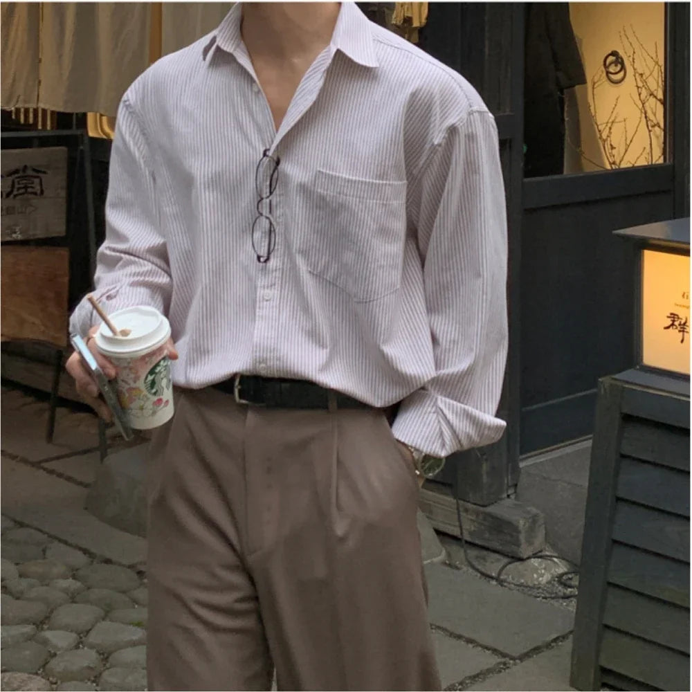 Chemise surdimensionnée rayée pour hommes, T-shirt à manches longues assorti pour le printemps et l'automne, Manteau de chemise coréen décontracté unisexe d'extérieur