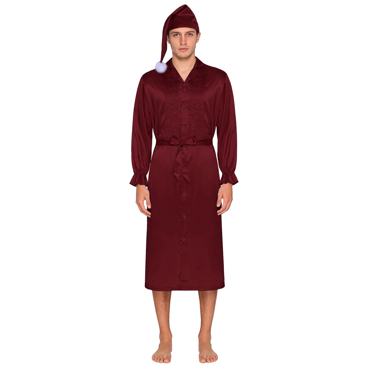 Herren Sissy Pyjama Satin-Nachtwäsche Nachthemd mit Schlafhaube Langarm Rüschenmanschetten Plissierter Brustumhang mit Gürtel Vintage