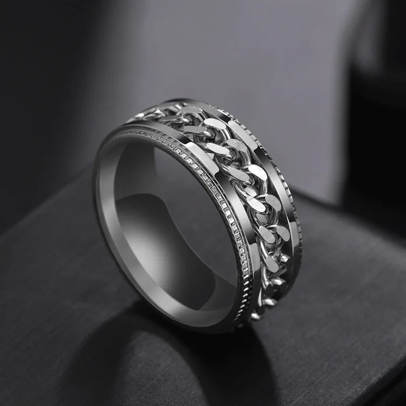 Western Fashion Simple Design Rotatable Chain Ring Silver Black Gold Color Titanium Steel Rings For Men Women