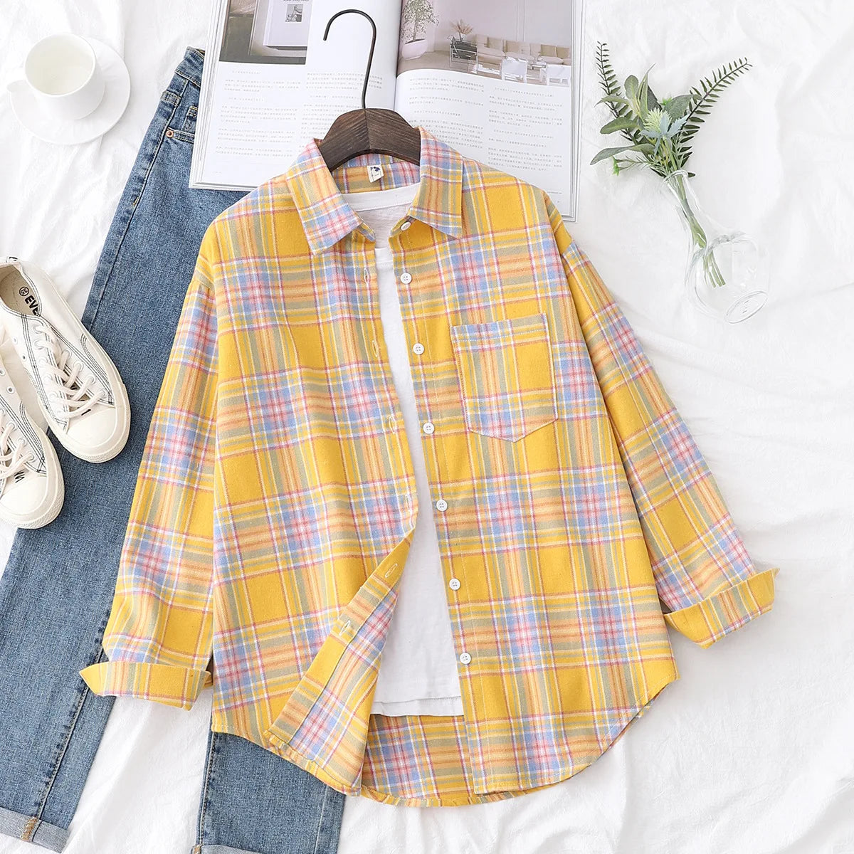 Women's Plaid Shirt 2025 New Ladies Loose Casual Blouse and Tops Fresh College Style Female Long Sleeve Shirts Women Clothes