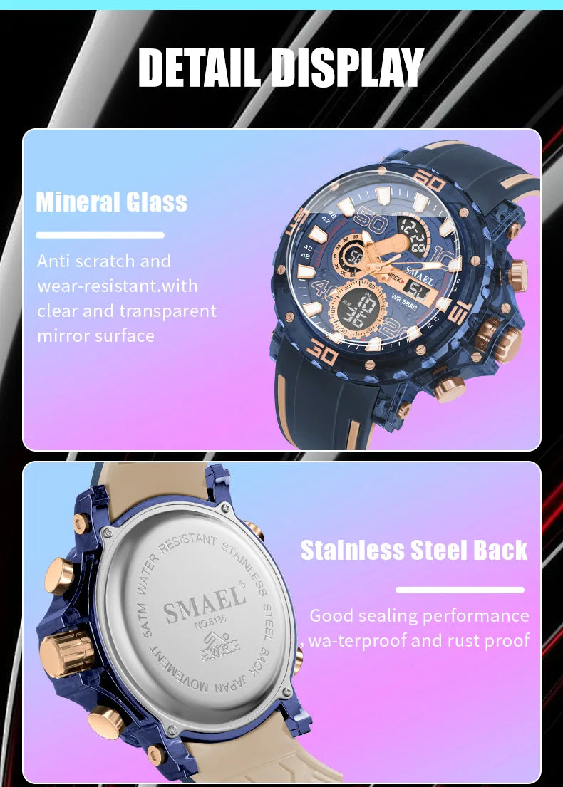 Montres Militaires Hommes Montre 2025 Nouvelle 50M Étanche Chronomètre Alarme Lumière LED Montres Digitales 8136 Montre Sport Homme