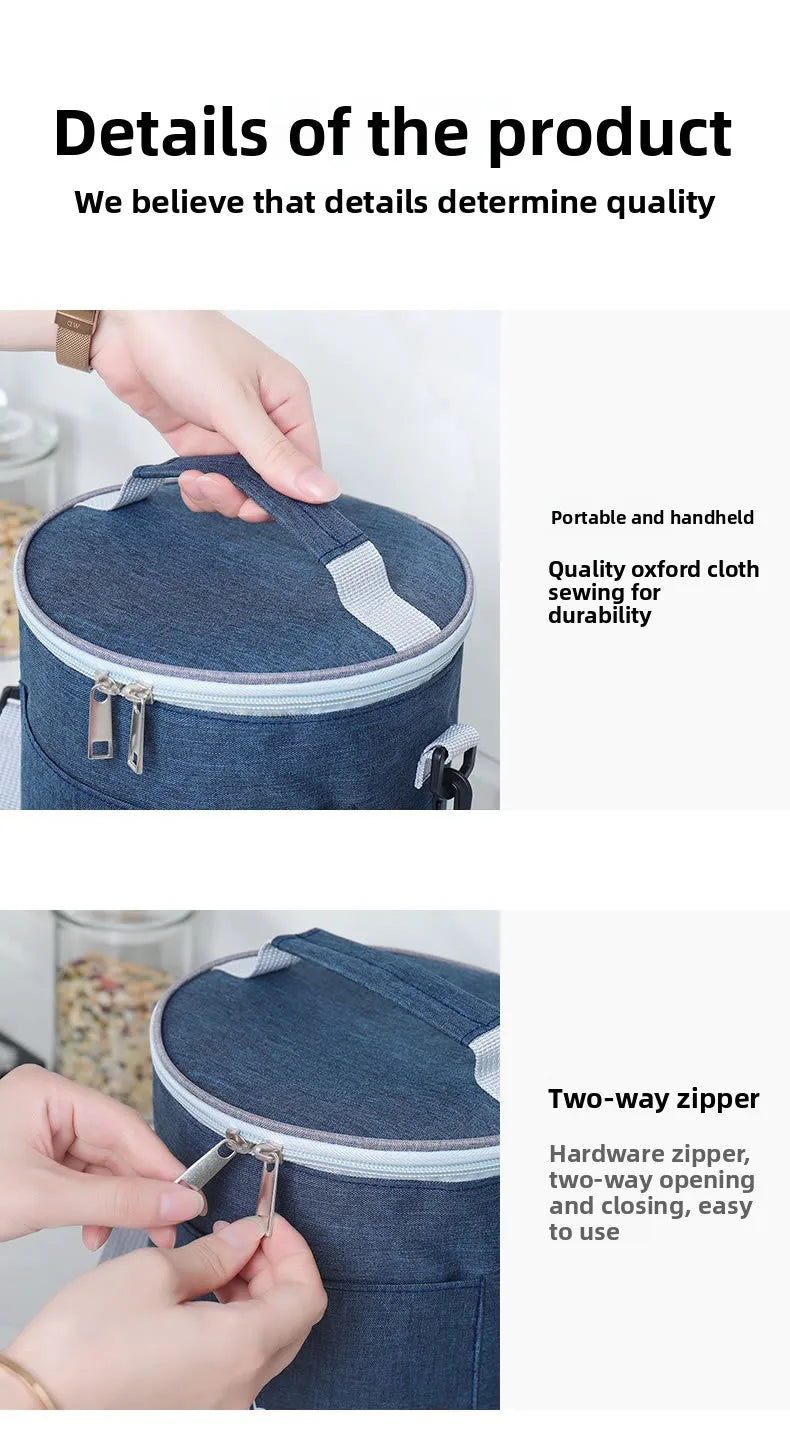 Große runde Thermische Lunchtasche Verdickte Aluminiumfolie Isolierte Bento-Tasche mit Reisbehälter Wärmetasche Mahlzeitenbeutel Oxford T...
