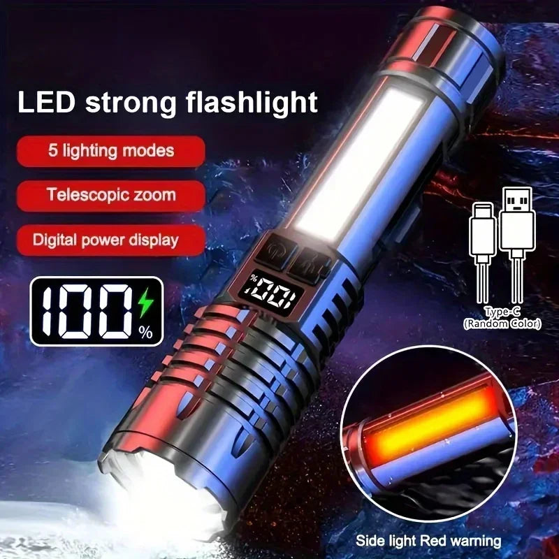 Powerful LED Flashlight Type C Rechargeable Waterproof Torch with Side Light 5 Modes Zoomable Lamp for Camping Fishing Lantern