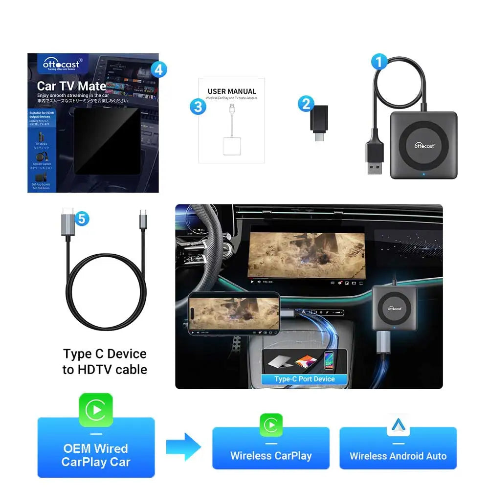 Ottocast Car TV Mate Pro Max Wireless CarPlay Android Auto Adapter für Fire Google TV Stick Konverter für OEM Wired CarPlay Car