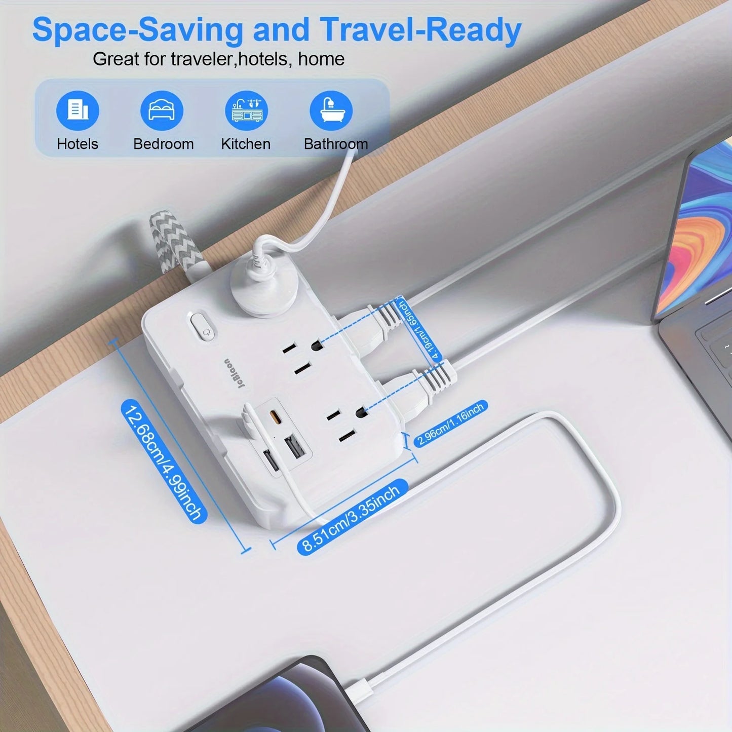 Universal Power Strip US Plug with 6 AC Outlets 4 USB Type-C/A Charge 5FT Extension Cable Desktop Wall Ground Electric Socket