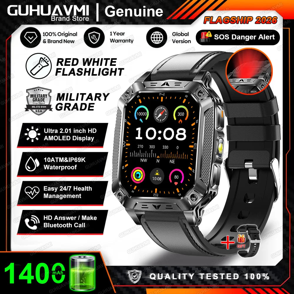 Montre connectée homme 2026 avec batterie ultra-large intégrée de 1400 mAh, GPS extérieur, écran AMOLED de 2,01", étanche 10 ATM, appel BT