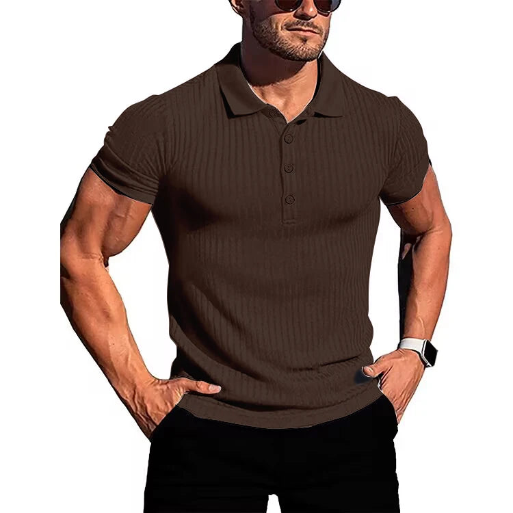 Herren Lauf-Sport-Fitnessbekleidung Sommer hochelastisches, vertikales Kurzarm-Polo-Shirt schlankes Strick-Basis-Shirt