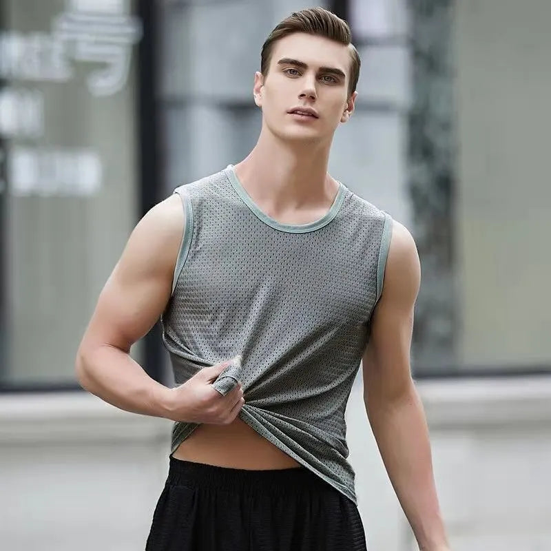 Débardeurs en maille de soie glacée pour hommes, séchage rapide, respirant, gilet, musculation, t-shirt sans manches, t-shirts de sport, débardeurs musculation