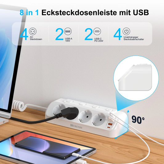 EU Stecker Tischsteckdosenleiste USB-Steckdose mit 2 USB 2 Typ-C Ladeanschlüssen 2m Verlängerungskabel 4 AC-Steckdosen 4 Schalter für Zuhause Büro