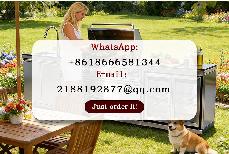 Cuisines d'extérieur modernes modulaires fonctionnelles en acier inoxydable avec grill, plaques de cuisson, évier, réfrigérateur et LED pour patio et jardin.