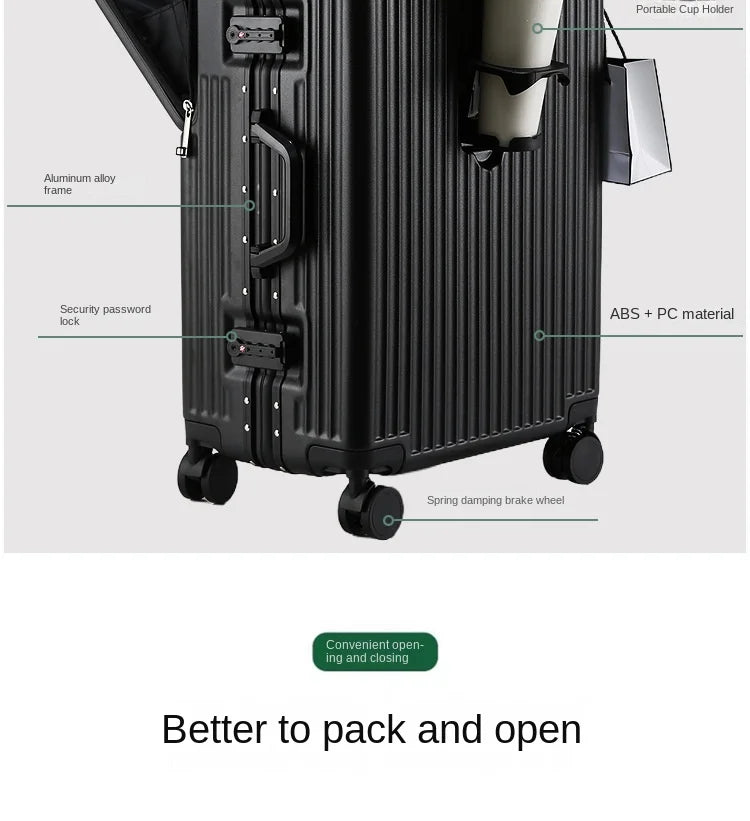 Neuer Koffer Aluminiumrahmen Frontöffnung Laptoptasche Multifunktionale Reisekoffer 20 Zoll Kabinengepäck Rollkoffer