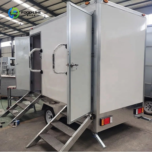 Luxury Modern Outdoor 2 Stall Unit With Black Double Door Design Portable Bathroom Mobile Toilet Trailer
