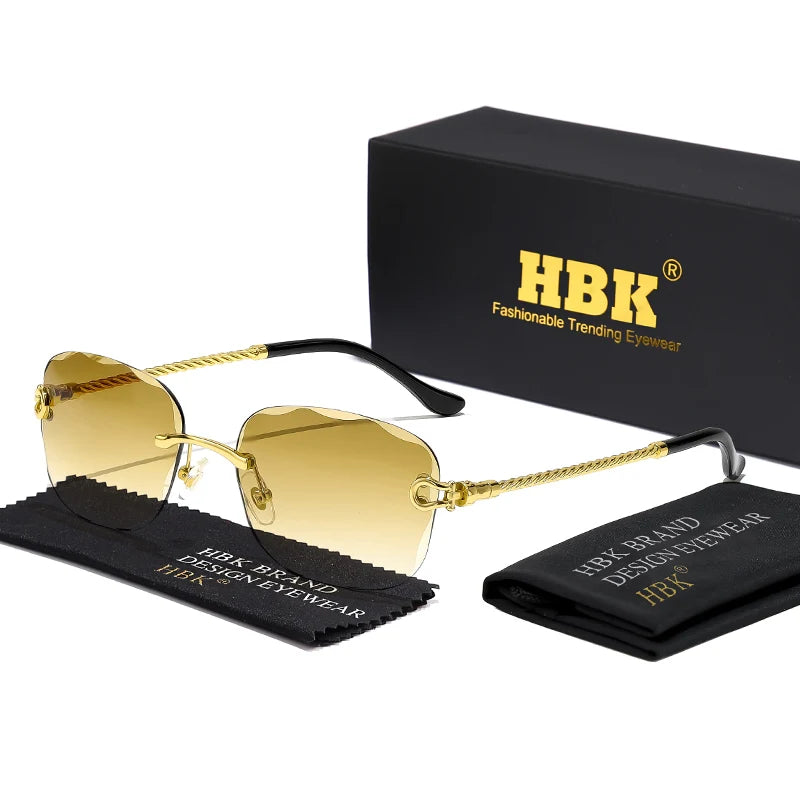 HBK Rahmenlose Metall Sonnenbrille Herren Wellenform geschnitten Sonnenbrille für Damen Reise Shopping Brille UV400 Sommer Stil