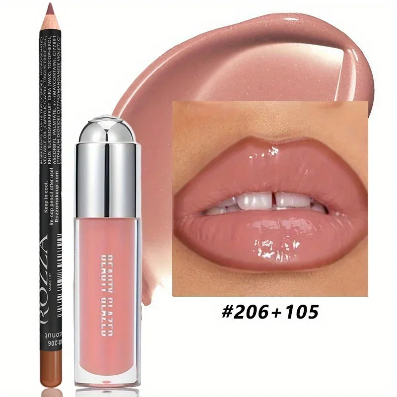 2Pcs Lip Liner Lip Gloss Set,Longlasting Natural Nude Lip Glow Waterproof Lip Oil