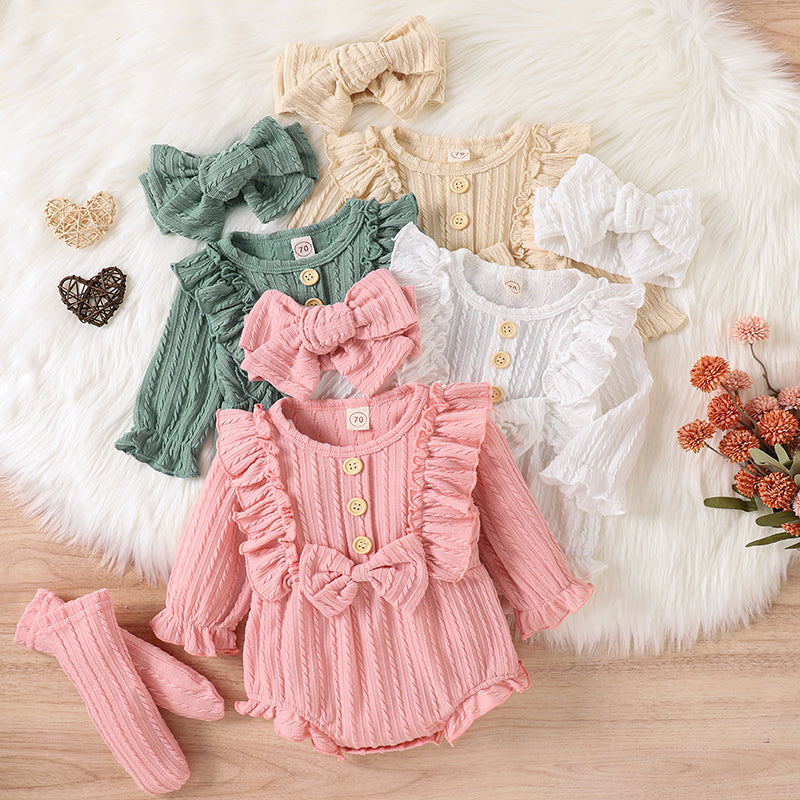 Ensemble 3 pièces printemps automne pour bébés filles, barboteuse à manches longues boutonnée avec volants + chaussettes + bandeau