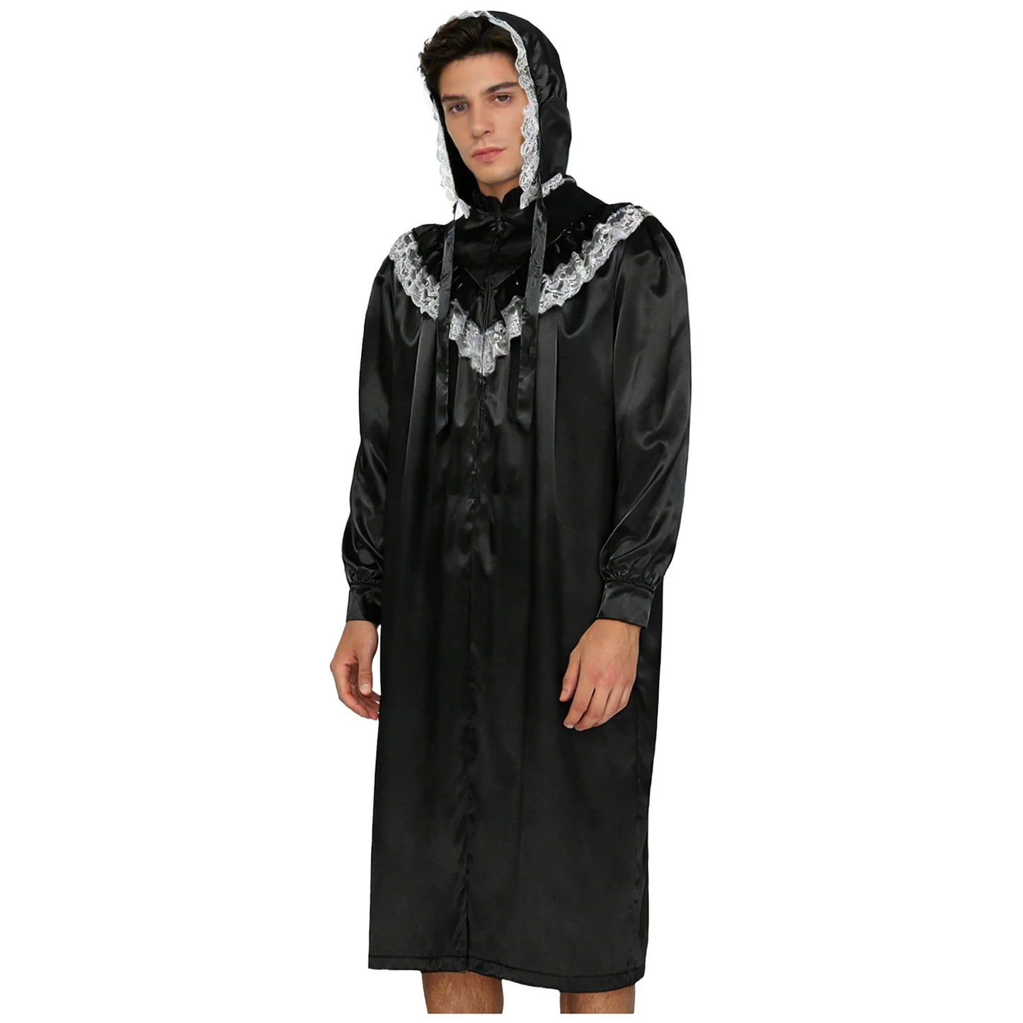 Pyjama homme à volants et dentelle, nuisette victorienne Sissy avec chapeau, robe de nuit satinée à manches longues et fermeture éclair sur le devant