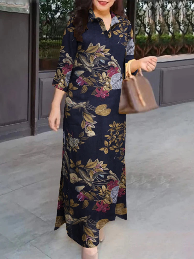 ZANZEA Robe longue à manches 3/4 pour femme, collection automne 2024, robe-chemise en coton avec col à revers, imprimé floral vintage, robe longue, nouveauté