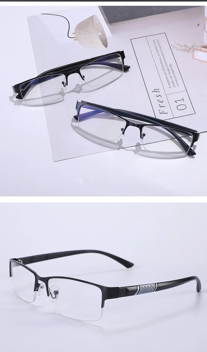 Herren Halb-Rand Lesebrille aus Metall Business Stil Männlich Vintage Weitsicht Presbyopie Anti-Blau HD TR90 Dioptrien Brille