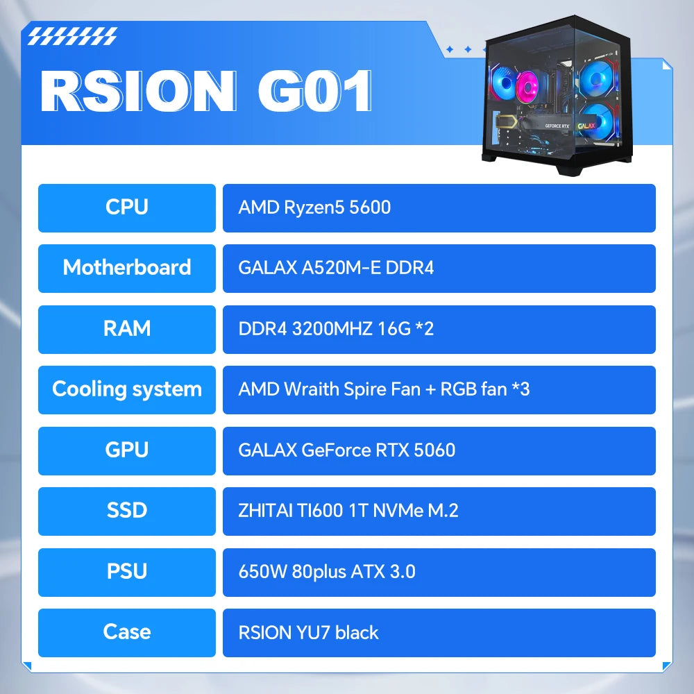 RSION Gaming PC AMD R5 5600 CPU RTX5060 32G RAM 1TB SSD Desktop Game Computer Sea View Room Assembled PC Gamer Full