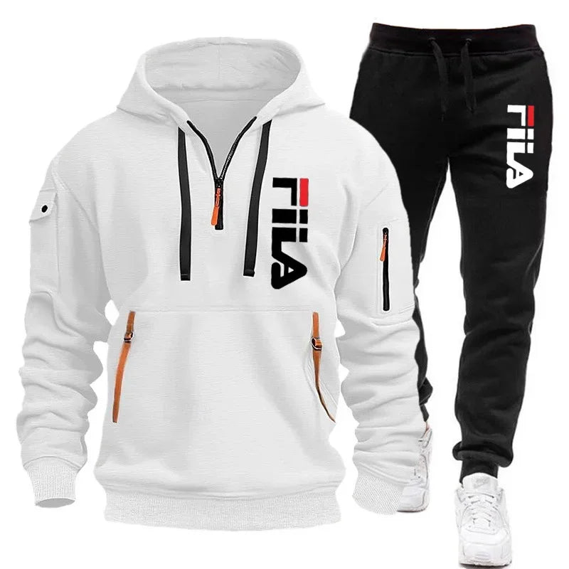 Herbst und Winter heiß begehrtes Herren-Kapuzensweatshirt + Freizeithose, zweiteiliges Outdoor-Set mit mehreren Taschen und Sporthose