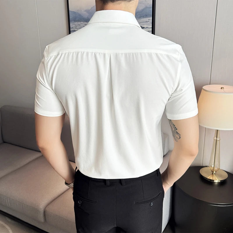 2024 Hochwertiges, dünnes, elastisches Kurzarmhemd für Herren für Business und Freizeit, verdeckte Knopfleiste M-4XL