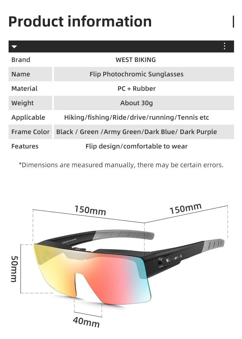 WEST BIKING Lunettes de cyclisme photochromiques Verres relevables Lunettes polarisées à clipser Pare-soleil VTT Vélo de route Lunettes de conduite de nuit