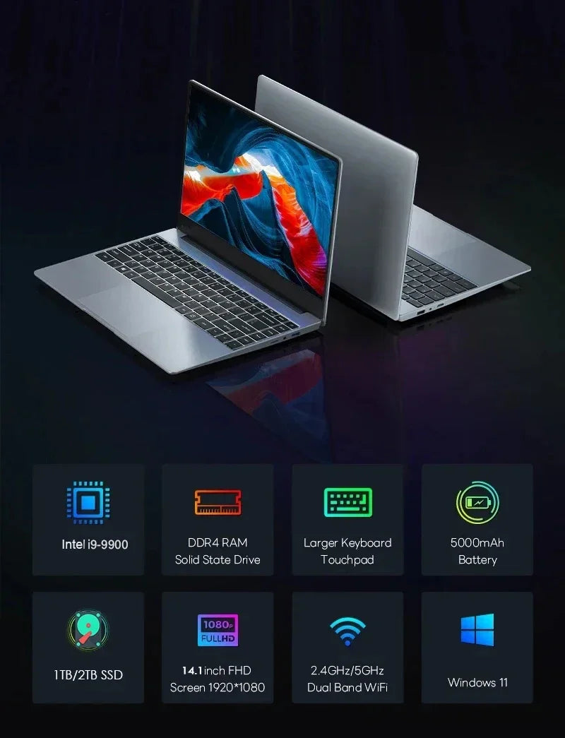 LENO 2026 Nouvel Ordinateur Portable 14.1" Intel Core i9-9900 32Go 2To PC Gamer Windows11 Bureau Ultra Mince 1920*1080