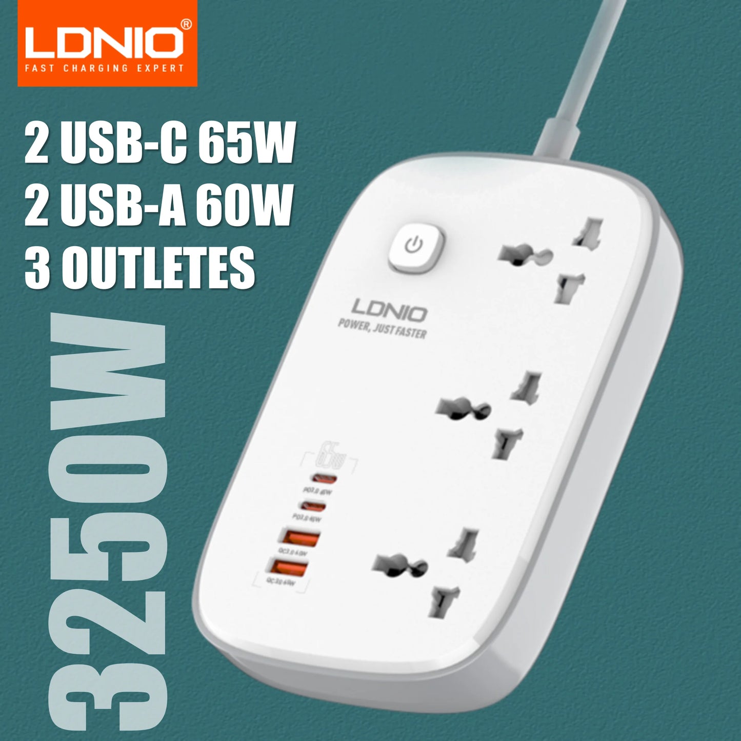 LDNIO 65W Steckdosenleiste mit 3 Universalsteckdosen 4 USB-Anschlüssen, Steckdose mit 2M dickem Verlängerungskabel Überspannungsschutz SC3416