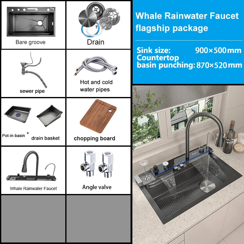 Évier de cuisine multifonction en acier inoxydable avec affichage numérique intelligent, grand bac unique et robinet cascade pour le lavage des légumes