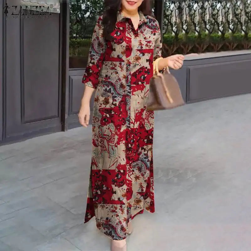 ZANZEA Robe longue à manches 3/4 pour femme, collection automne 2024, robe-chemise en coton avec col à revers, imprimé floral vintage, robe longue, nouveauté