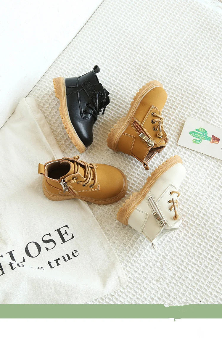 2024 New Spring/Autumn Baby Boots Leather British Style Boys Fashion Boots Rubber Sole Zip Side Toddler Girls Ankle Boots 15-25