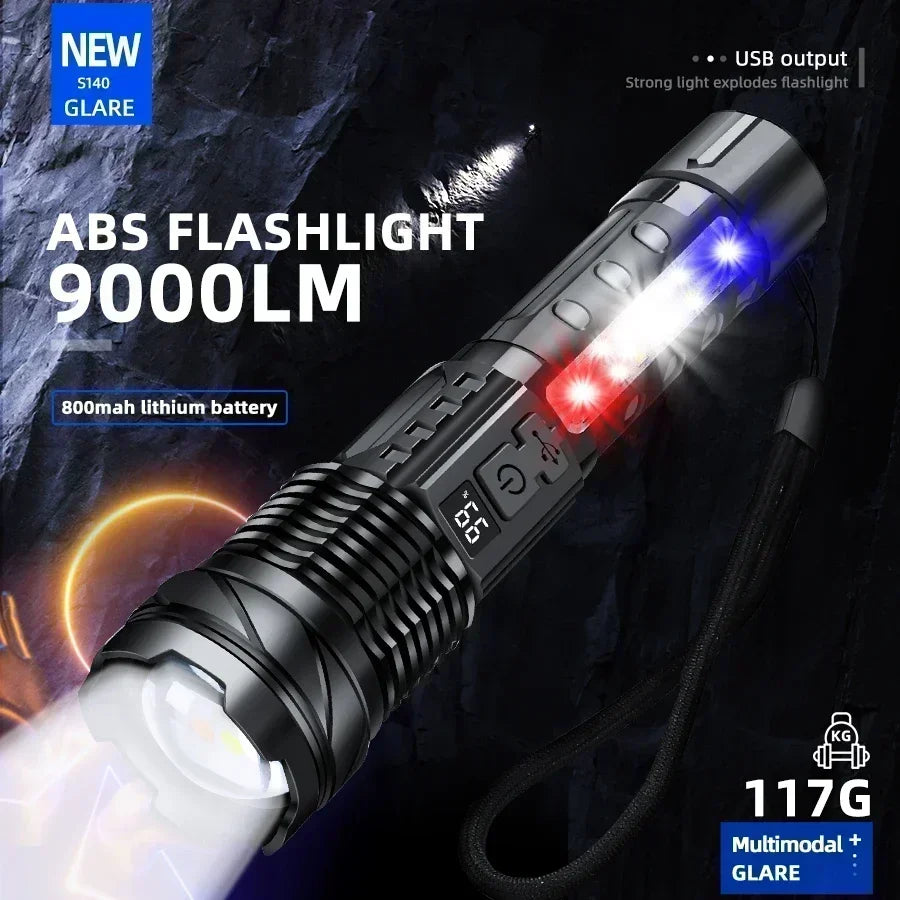 Super Big Flashlight USB Rechargeable Most Strong LED Flash Light Long Range Torch Zoom Outdoor With Digital Power Display