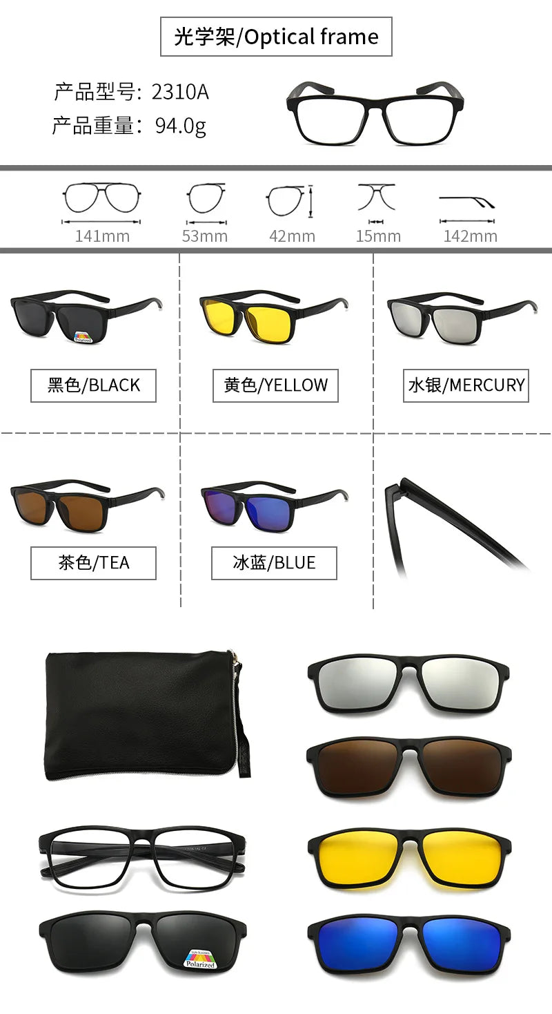 6 In 1 Polarized Sunglasses Men Women Magnetic Clip On Glasses TR90 Optical Prescription Eyeglass Frames Magnet Clips