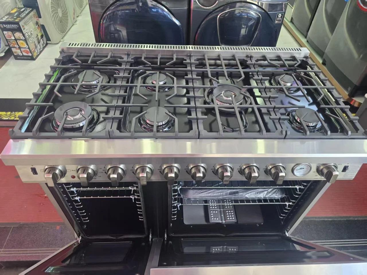 Gasherd 1200mm Breite 3-in-1 Standgerät mit Backofen 6 Kochfelder Gasherd + Gasgrill, Edelstahlofenklappe