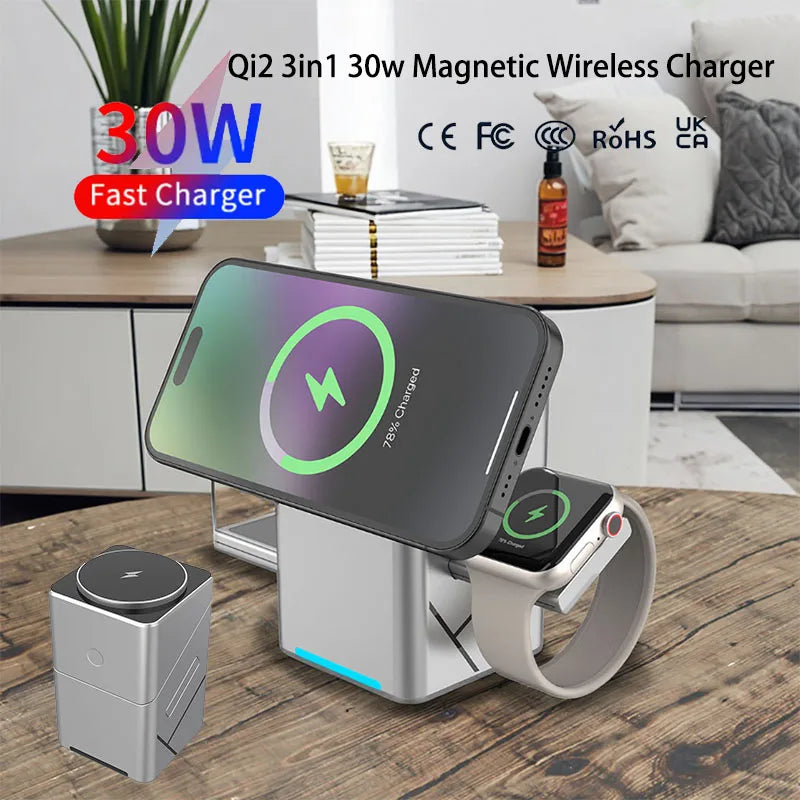 Chargeur sans fil 3 en 1 multifonction rotatif magnétique tactile 30W pour iPhone 16 15 14 13 Max Chargeur rapide Samsung Xiaomi