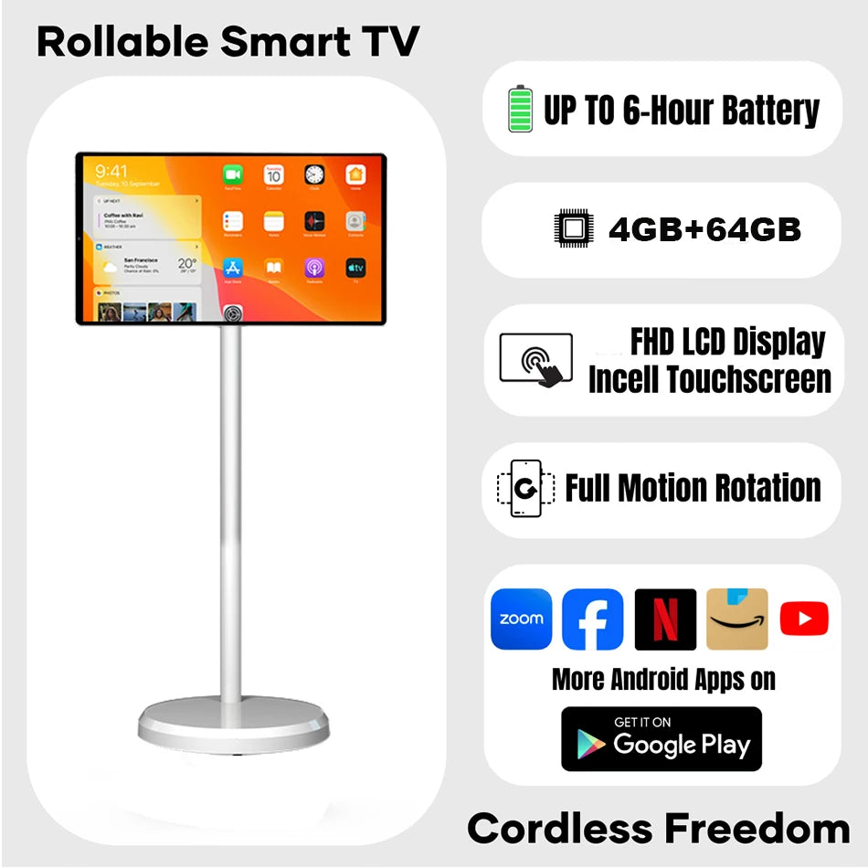 Téléviseur portable LCD 21,5 pouces intelligent 6G+128G, téléviseurs intelligents portables avec caméra intégrée, diffusion d'écran sans fil, téléviseur intelligent