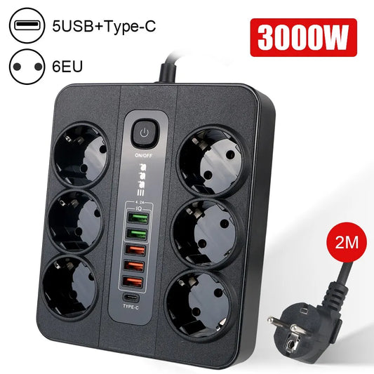 Mehrfachsteckdose mit Sicherheitsschalter für Büro und Zuhause, EU-Stecker, 3000 W, 2 m Kabel, Überlastschutz, USB Typ-C Anschlüsse