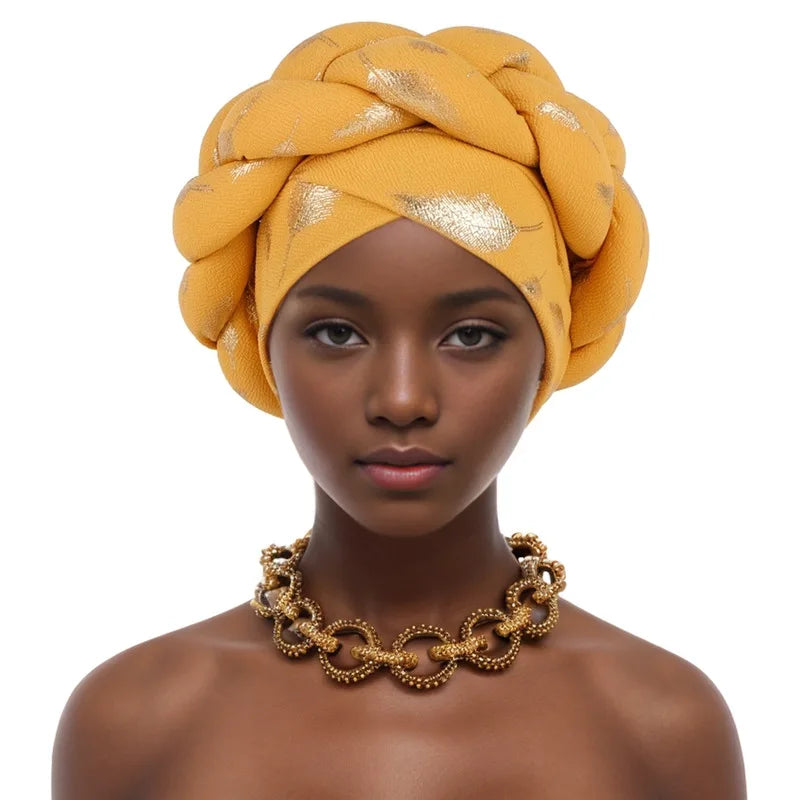 Afrikanische Bronzierung Kopfwickel Zopf Turban Kappen für Frauen Nigeria Hochzeit Geles Party Kopfbedeckung Haarteil Auto Gele Weibliche Kopfbedeckungen