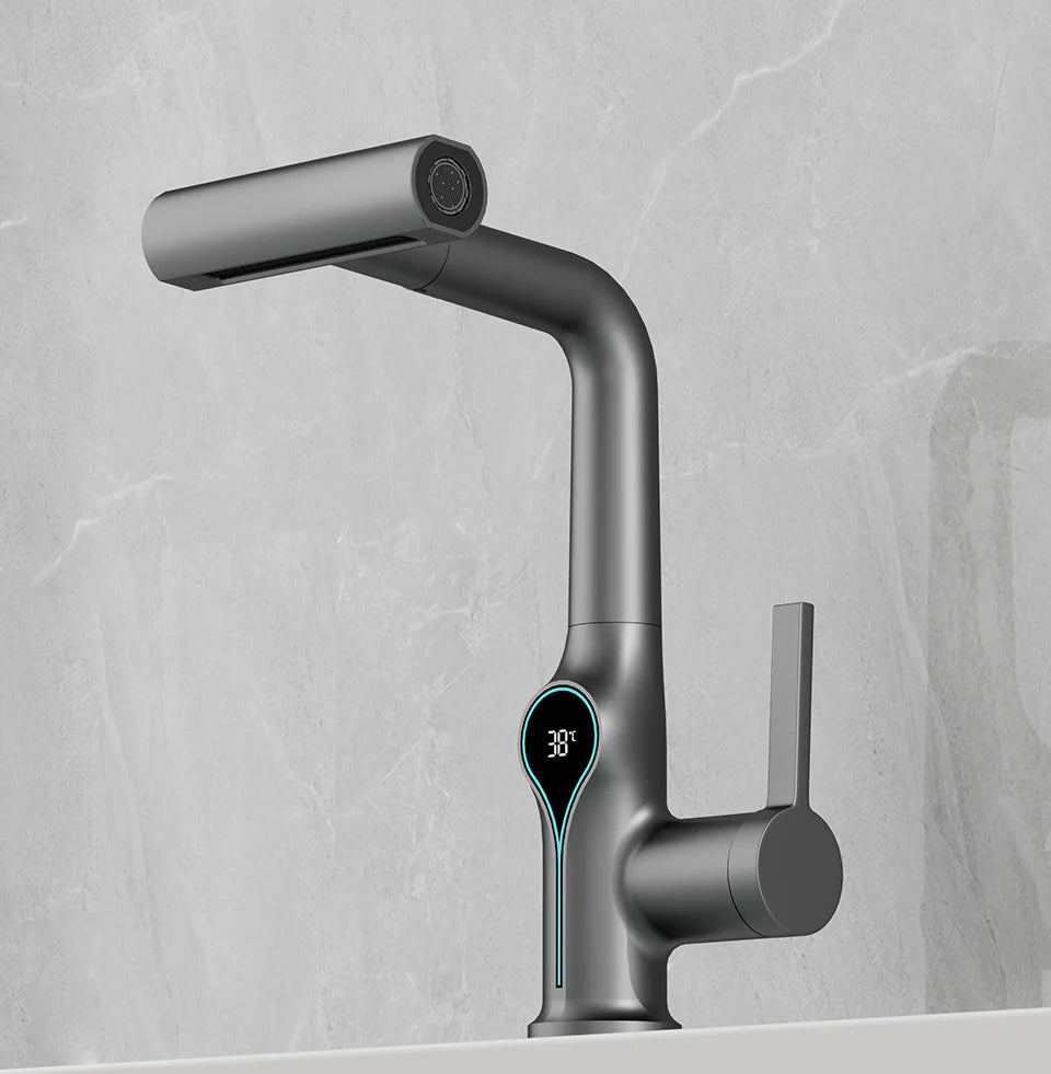 Robinet de lavabo numérique avec affichage de la température Cascade, pulvérisateur à jet relevable haut et bas, mélangeur chaud/froid pour salle de bain