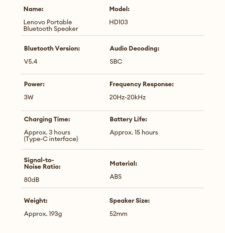 Lenovo HD103 Bluetooth 5.4 Lautsprecher Tragbarer Mini-Wireless-Lautsprecher Hochwertiger Stereo-Sound TWS Outdoor-Bass-Audio für Telefon-PC