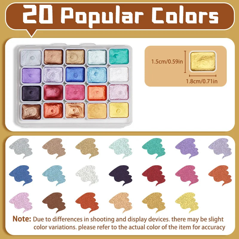 20/24/60/72 Colors Pearl Watercolor Pigment,Metallic,Shimmer,Glitter Solid Paint Mini Travel Portable Kit for Painting,Writing
