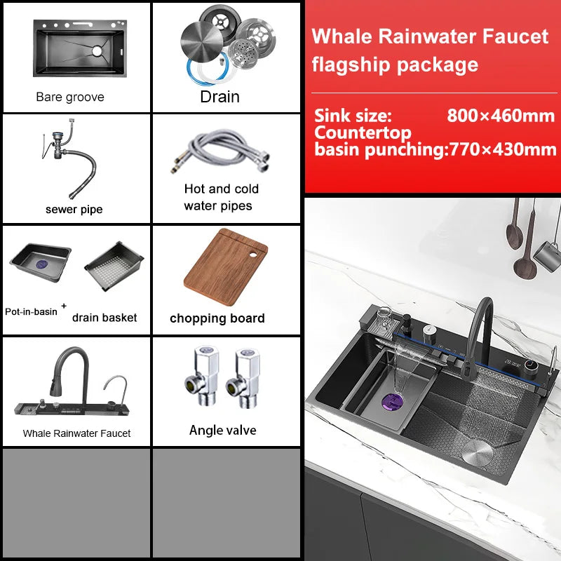 Évier de cuisine multifonction en acier inoxydable avec affichage numérique intelligent, grand bac unique et robinet cascade pour le lavage des légumes