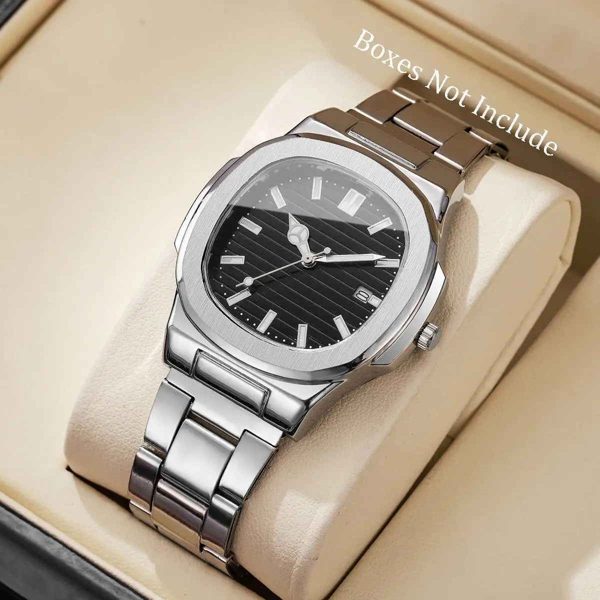 Montre de Luxe pour Homme, Cadran Carré Tendance, Bracelet en Acier Inoxydable, Mouvement à Quartz avec Calendrier (Sans Boîte)