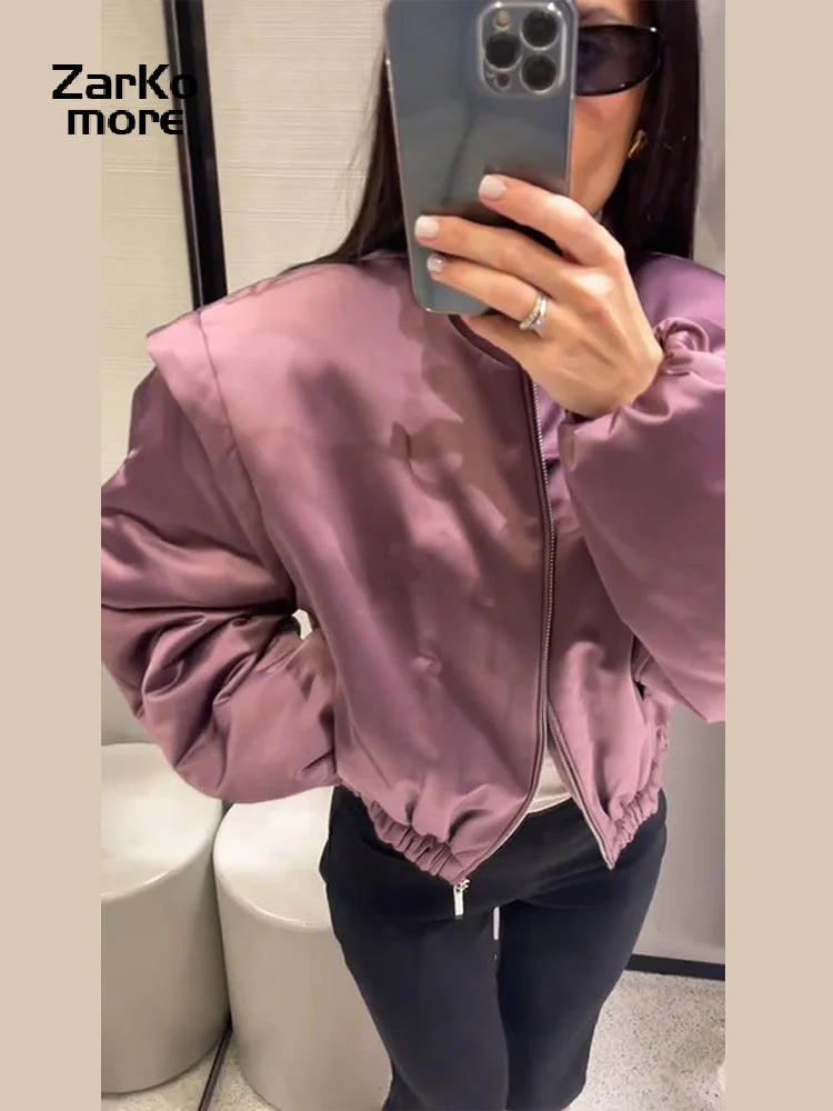 Fashion Y2K Satin Bomberjacke Damen Malve Puffärmel Cropped Reißverschluss Freizeit Jacke 2026 Frühling Lady Chic Street Mäntel Neu
