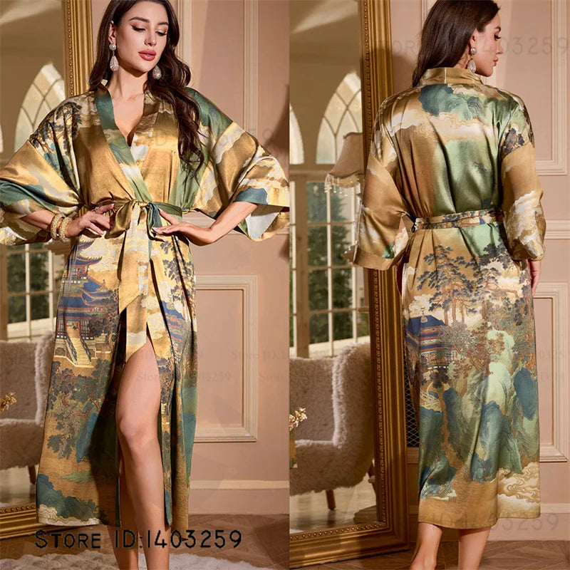 Großer Kimono Bademantel Blütenmuster Langer Morgenmantel Negligé Hauskleidung Frühling Sommer Neue Nachtwäsche Lose Pyjamas