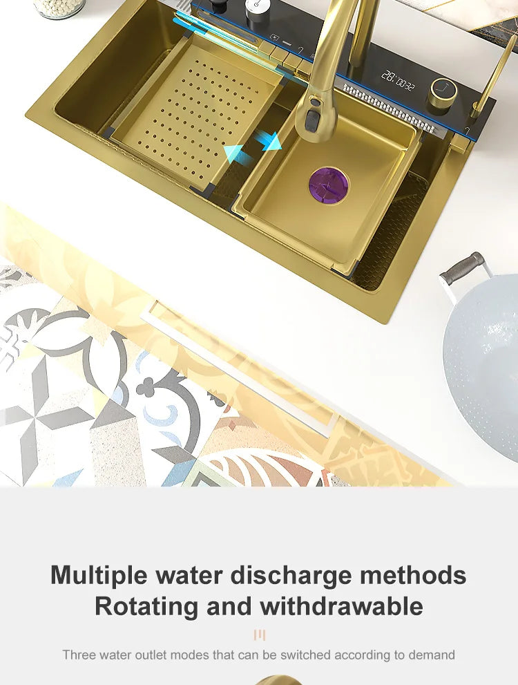 Goldfarbene Edelstahl-Küchenspüle mit Wasserfallauslauf, großes Einzelbecken, Digitalanzeige, Spül- und Gemüsebecken