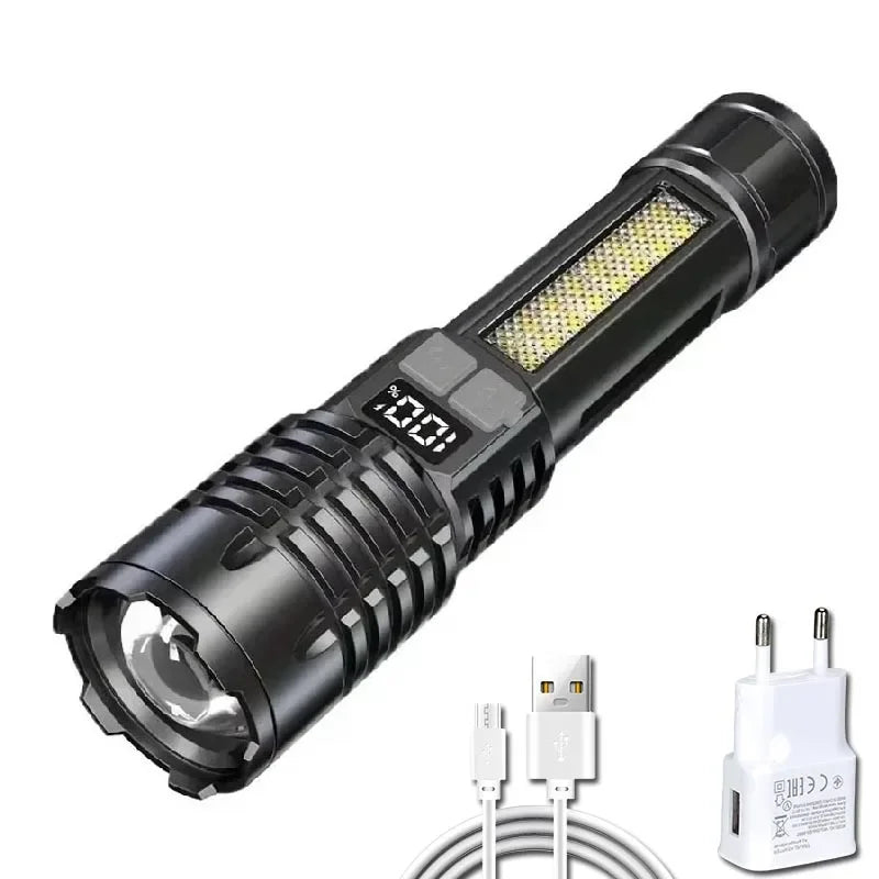 Powerful LED Flashlight Type C Rechargeable Waterproof Torch with Side Light 5 Modes Zoomable Lamp for Camping Fishing Lantern