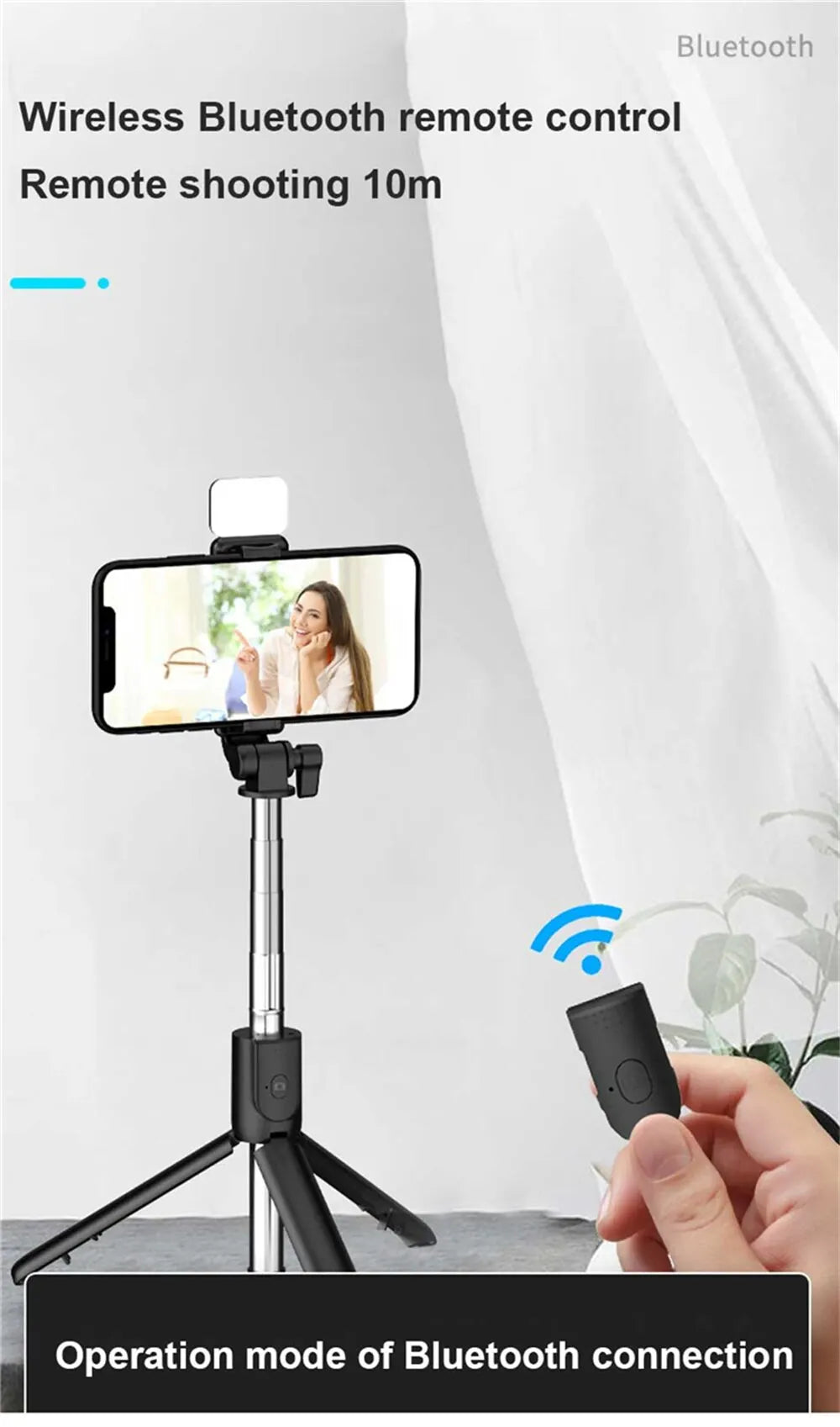 Trépied perche à selfie pour téléphone portable avec télécommande Bluetooth et anneau lumineux pour téléphone