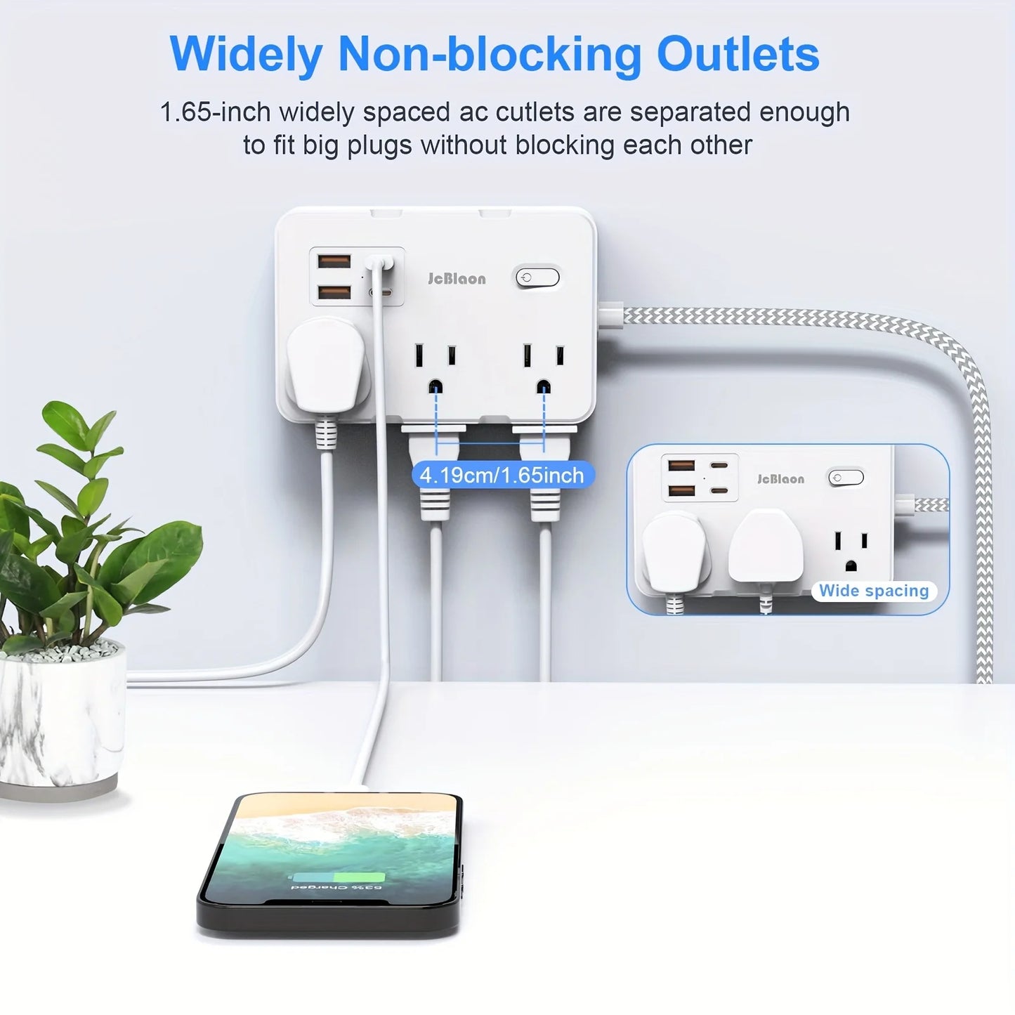 Universal Power Strip US Plug with 6 AC Outlets 4 USB Type-C/A Charge 5FT Extension Cable Desktop Wall Ground Electric Socket