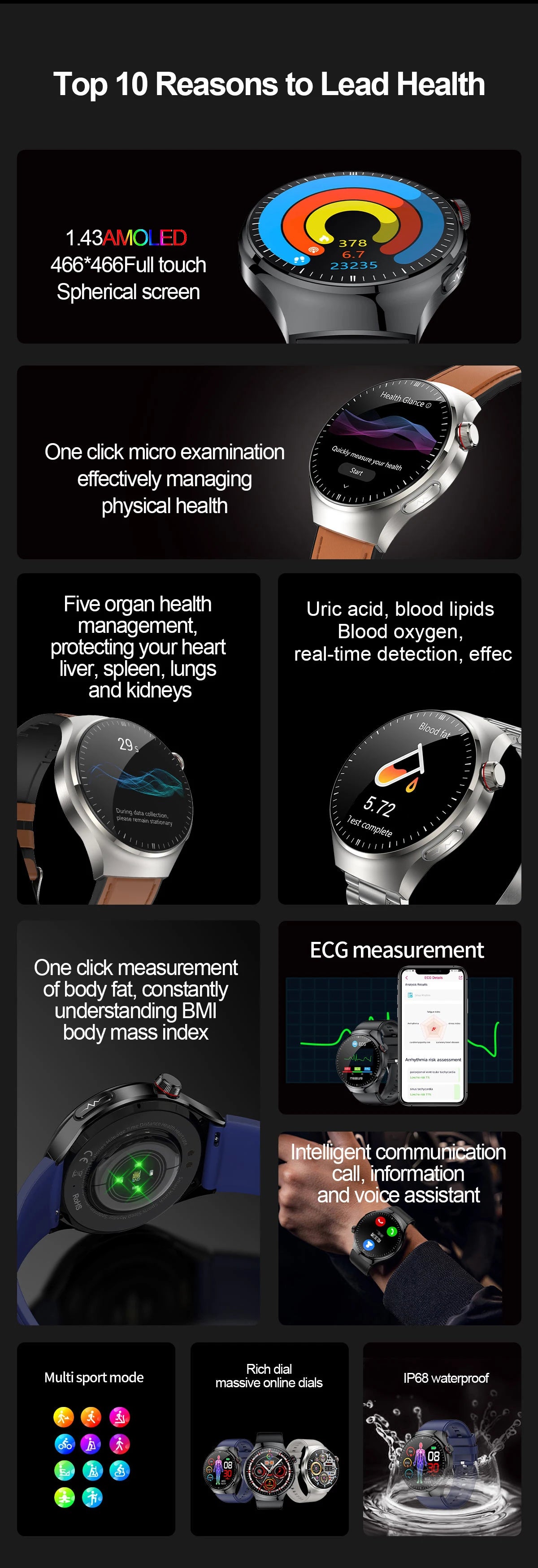 Montre Intelligente de Soins Infirmiers 2025 Montre connectée Santé, oxygène sanguin, lipides sanguins, acide urique, ECG+PPG, température corporelle, appel Bluetooth